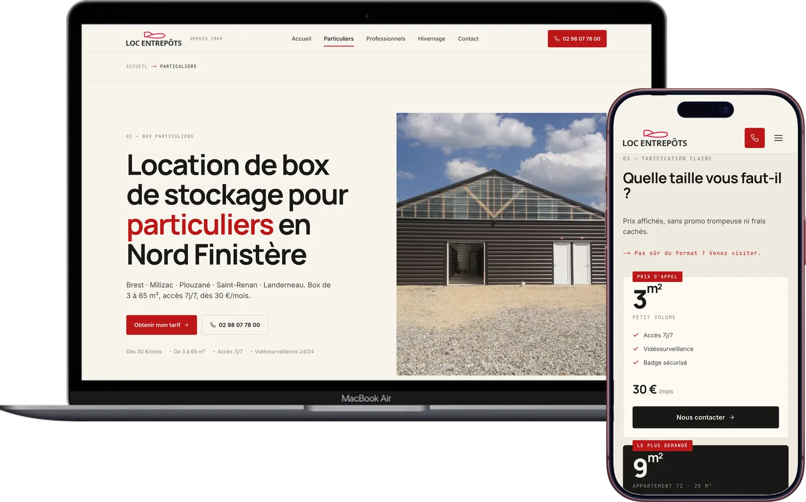 Capture du site Loc Entrepôts, sur ordinateur et sur mobile