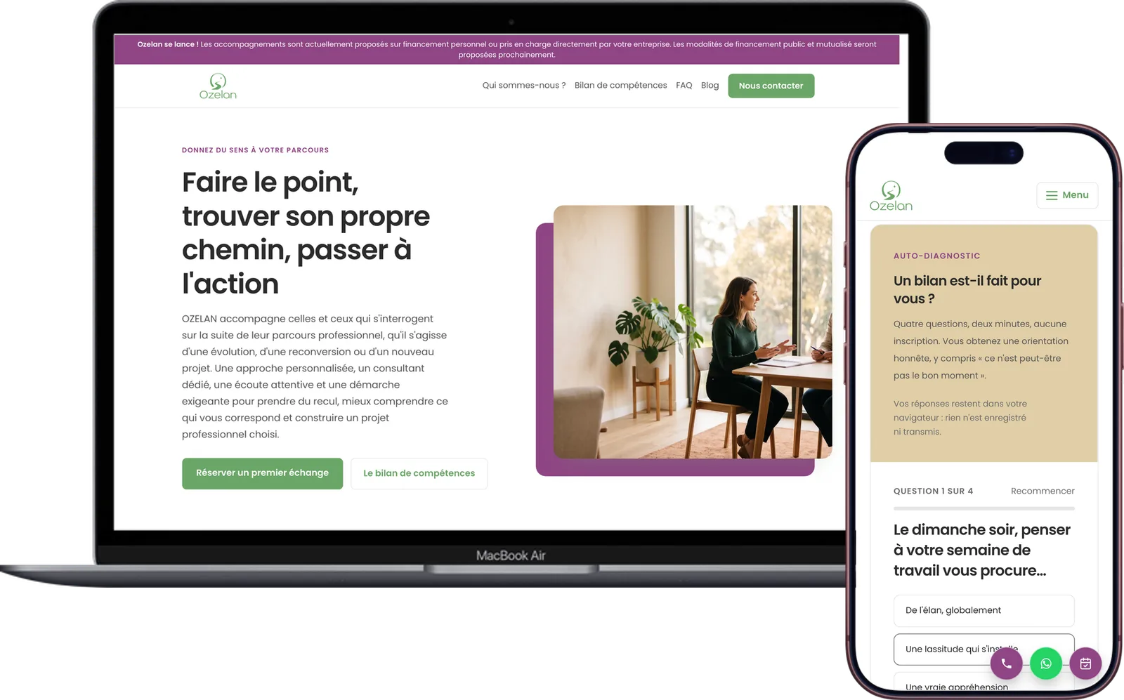 Capture du site Ozelan, cabinet de bilan de compétences à Pont-l'Abbé, sur ordinateur et sur mobile
