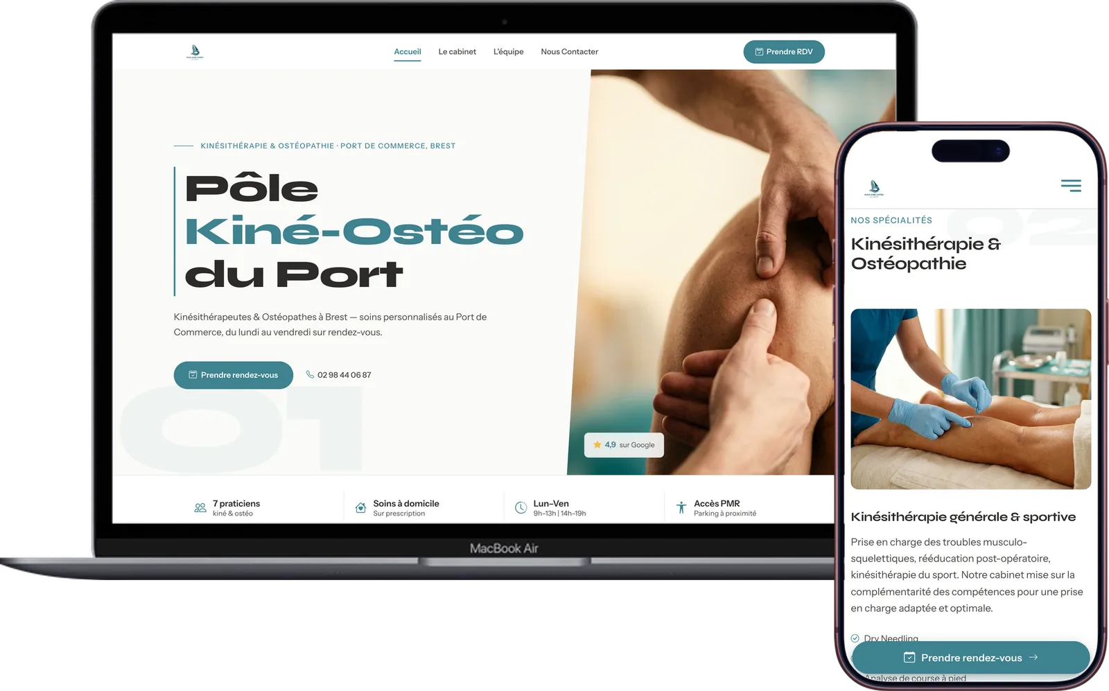 Capture du site Pôle Kiné Ostéo du Port, sur ordinateur et sur mobile