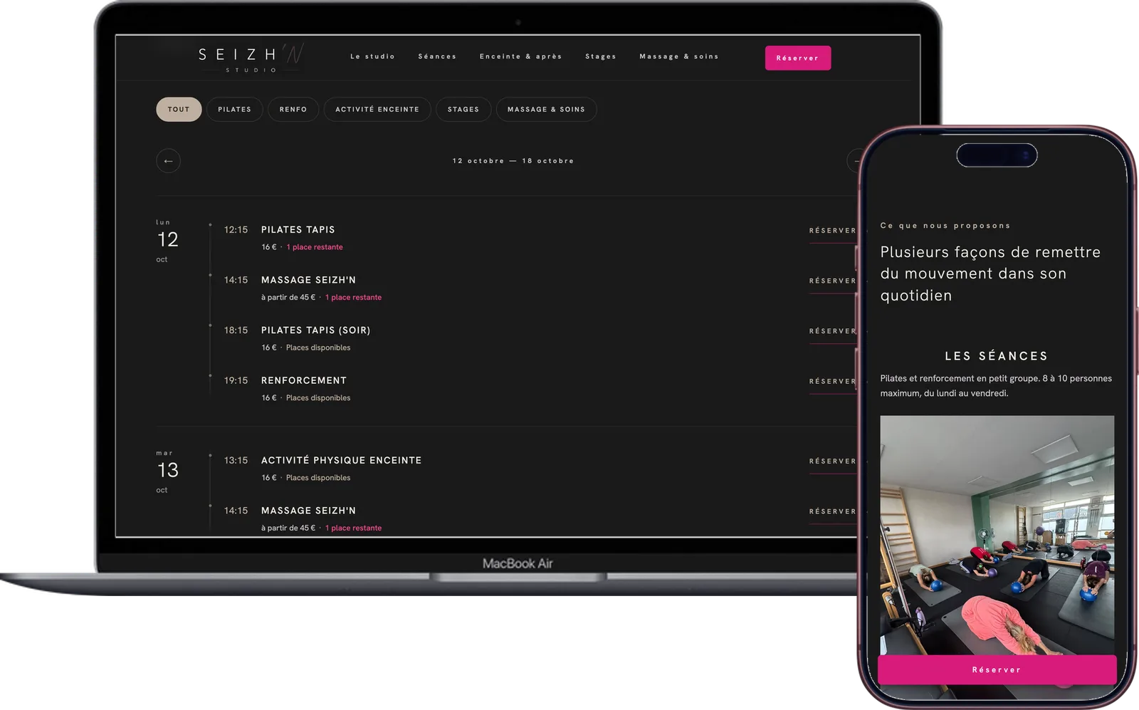 Capture du site Seizh'N, studio de Pilates au Relecq-Kerhuon, sur ordinateur et sur mobile